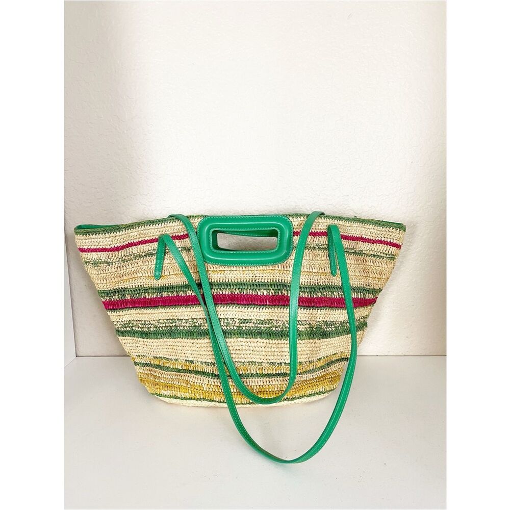 Maje Striped Raffia Basket Bag in the "Casino Green" Summer Stripe Beach Bag - Picture 4 of 13